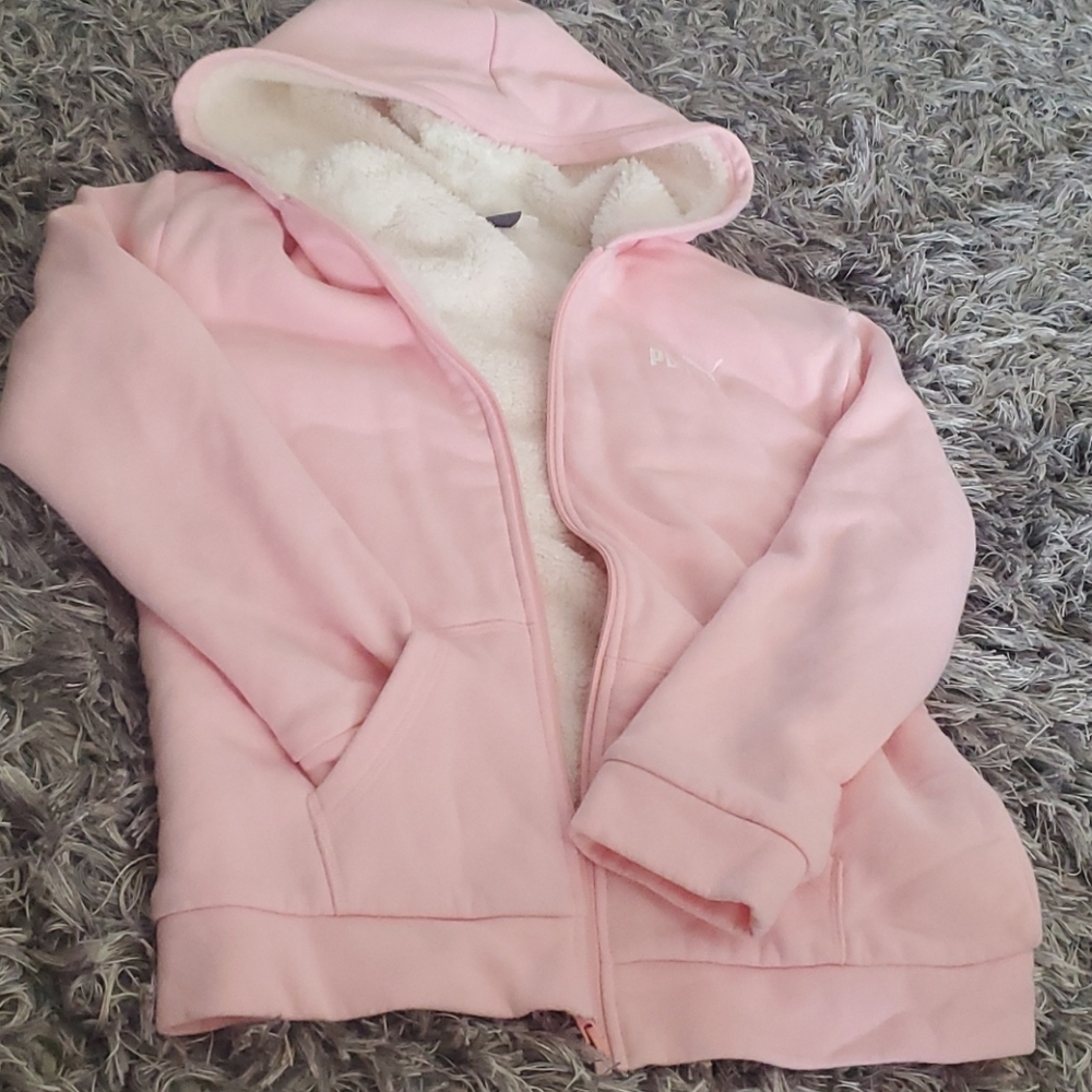 Pink fluffy puma zip up hooded jacket
